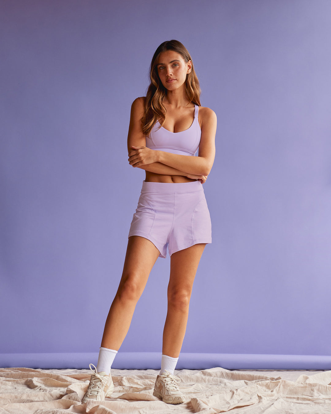 Woman wearing Movement CloudFLX 3&quot; Short - Orchid Bloom Marl | Model:Beatriz | Size:XS