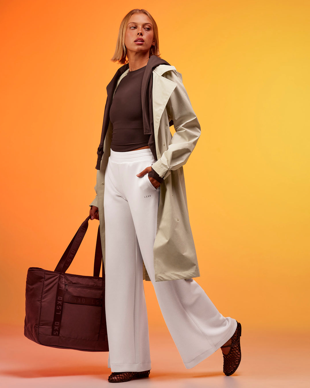 Woman wearing On the Move Trench Coat - Shale Beige | Model:Hailey | Size:XS