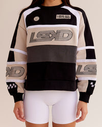 Woman wearing Power Sweater - Black-Shale Beige | Model:Eliza | Size:XS