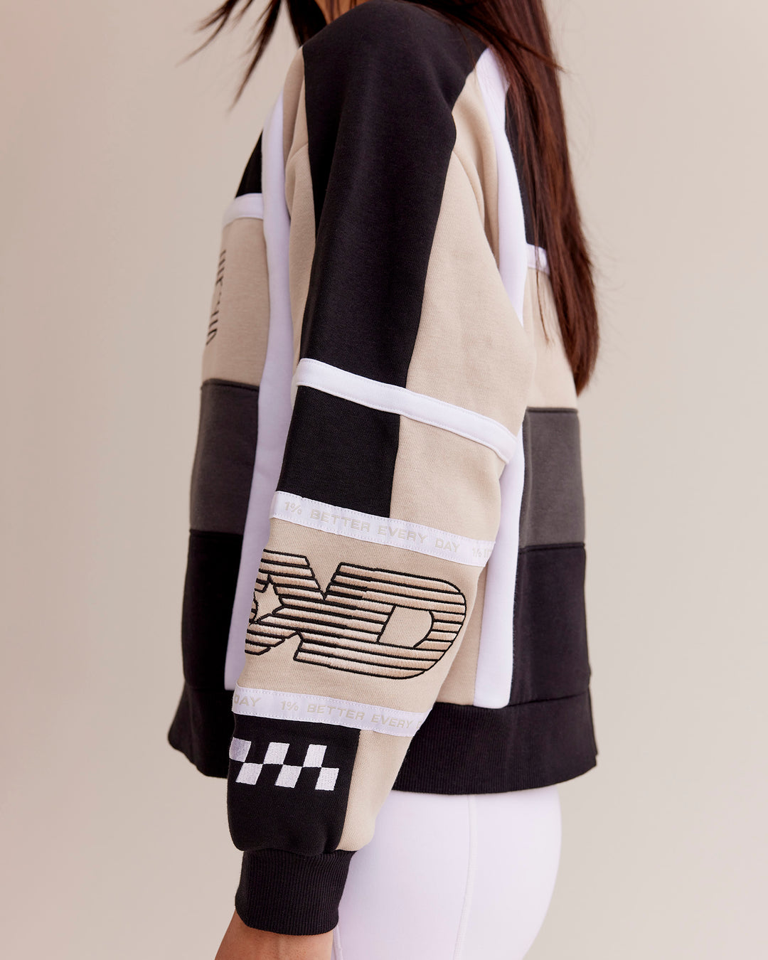 Woman wearing Power Sweater - Black-Shale Beige | Model:Eliza | Size:XS