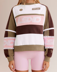 Woman wearing Power Sweater - Cocoa Powder-Marshmallow | Model:Taneisha | Size:XS