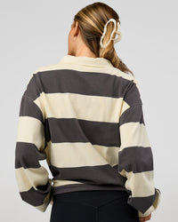 Woman wearing Clubhouse Unisex Rugby Polo - Off White-Grey | Model:Georgia | Size:XS