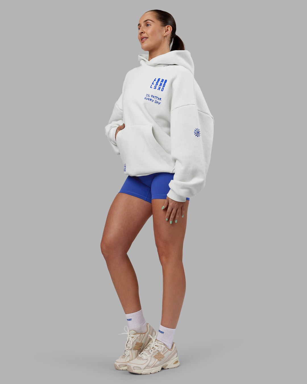 Woman wearing Abs If Not Now When Unisex Oversized Hoodie - Vaporous Gray | Model:Abbey | Size:XS