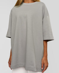Woman wearing AfterDark ZeroCrease Oversized Tee - Alloy | Model:Georgia | Size:XS