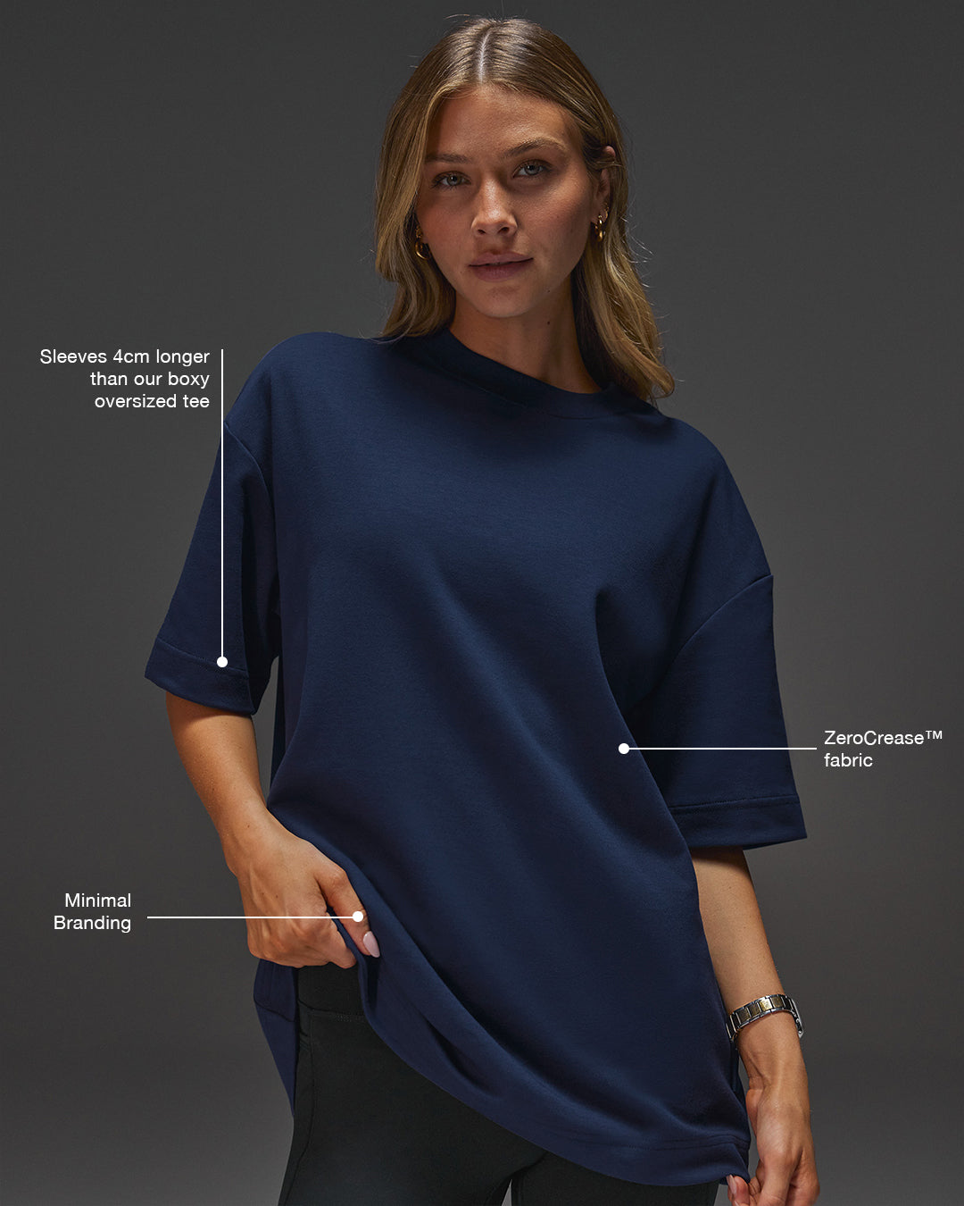 Woman wearing AfterDark ZeroCrease Oversized Tee - Future Navy | Model:Leilani | Size:XS
