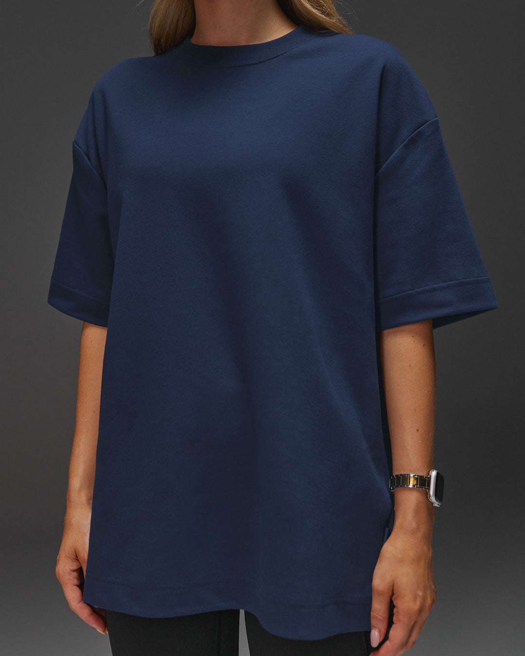 Woman wearing AfterDark ZeroCrease Oversized Tee - Future Navy | Model:Leilani | Size:XS