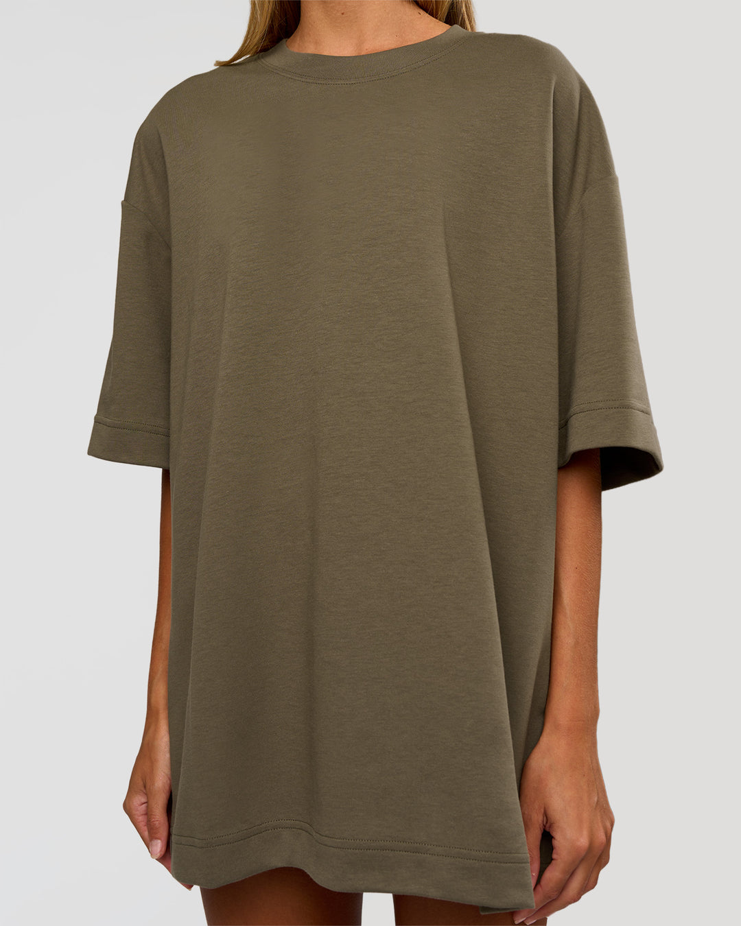 Woman wearing AfterDark ZeroCrease Oversized Tee - Walnut Grey | Model:Georgia | Size:XS