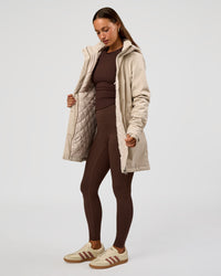 Woman wearing Auxiliary 2.0 Longline Jacket - Shale Beige | Model:Brylee | Size:XS