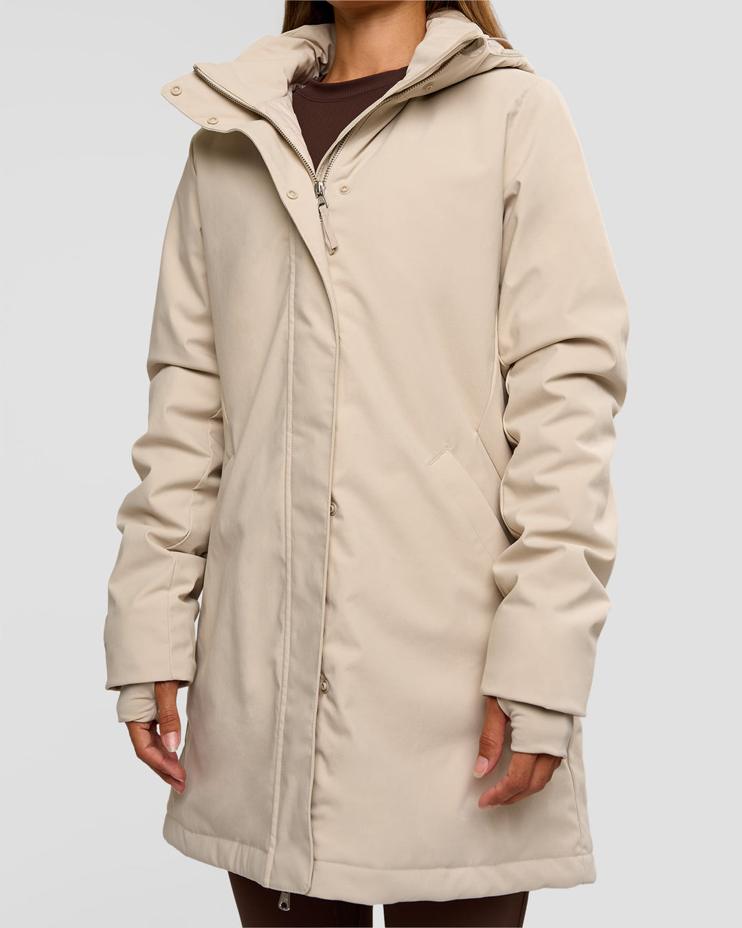 Woman wearing Auxiliary 2.0 Longline Jacket - Shale Beige | Model:Brylee | Size:XS