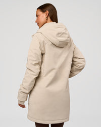 Woman wearing Auxiliary 2.0 Longline Jacket - Shale Beige | Model:Brylee | Size:XS