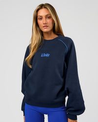 Woman wearing Axis Boxy Crew Sweater - Future Navy-Palace Blue | Model:Georgia | Size:XS