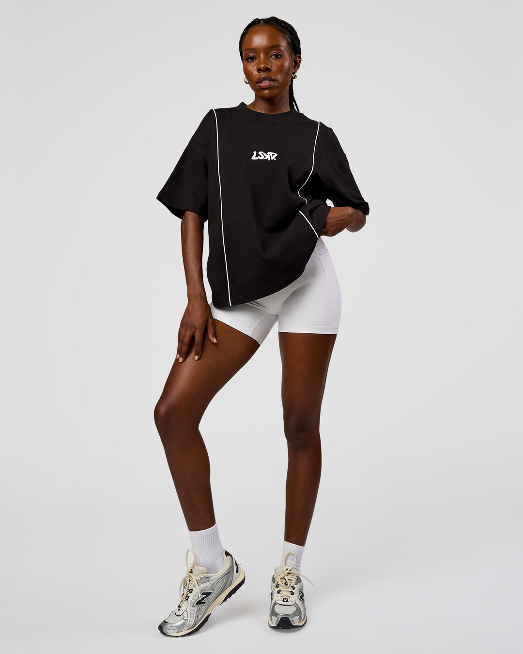 Woman wearing Axis Heavyweight Oversized Boxed Tee - Black-White | Model:Ellie | Size:XS