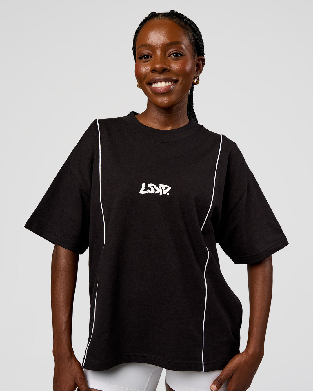 Woman wearing Axis Heavyweight Oversized Boxed Tee - Black-White | Model:Ellie | Size:XS