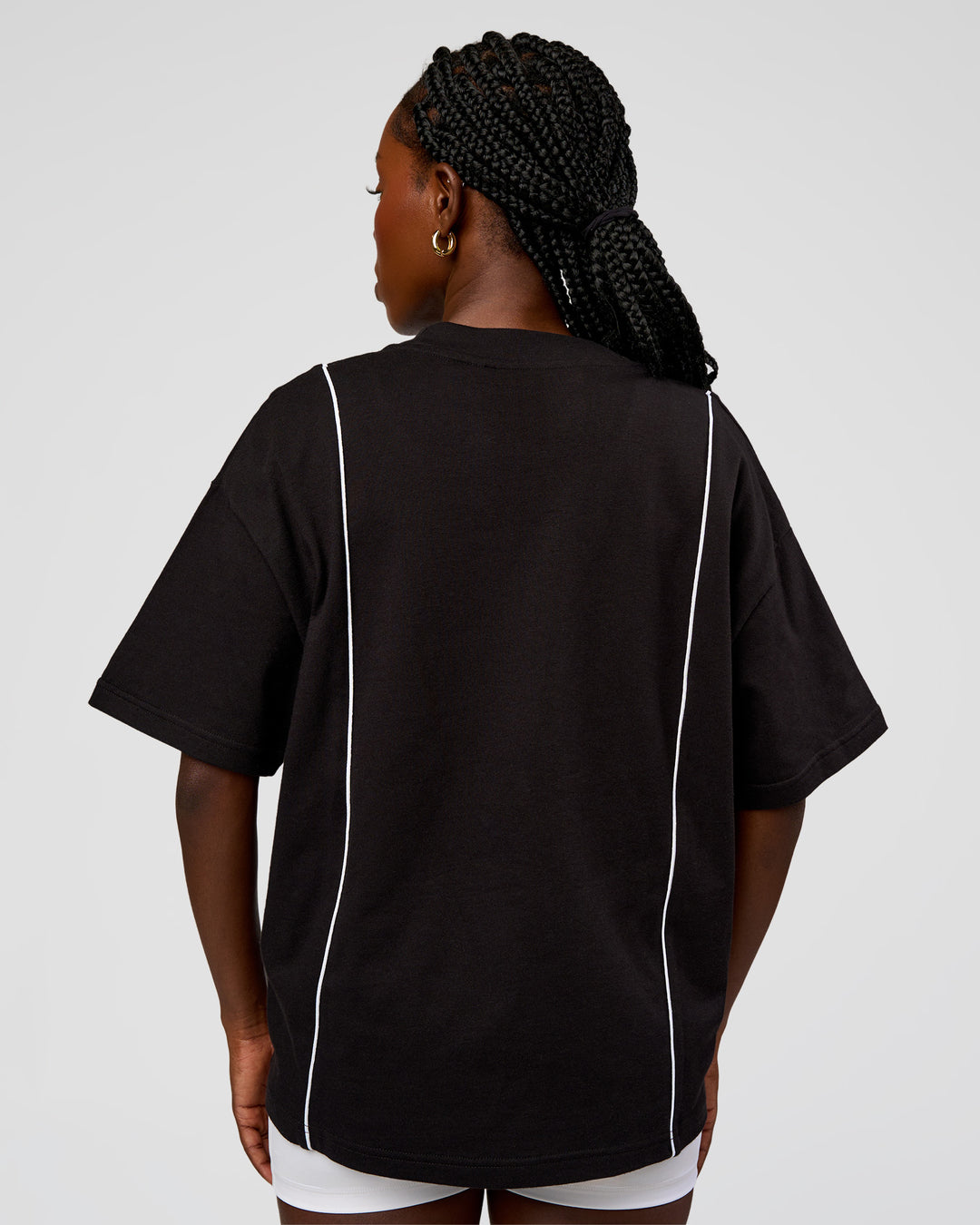 Woman wearing Axis Heavyweight Oversized Boxed Tee - Black-White | Model:Ellie | Size:XS