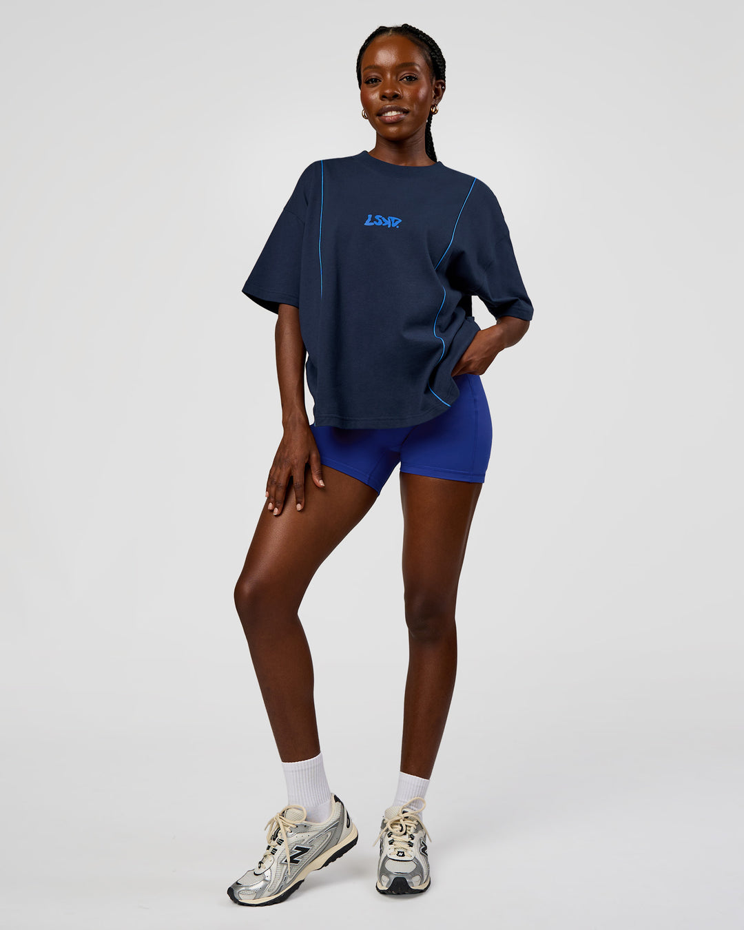 Woman wearing Axis Heavyweight Oversized Boxed Tee - Future Navy-Palace Blue | Model:Ellie | Size:XS