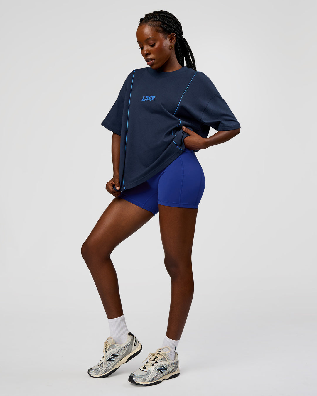 Woman wearing Axis Heavyweight Oversized Boxed Tee - Future Navy-Palace Blue | Model:Ellie | Size:XS