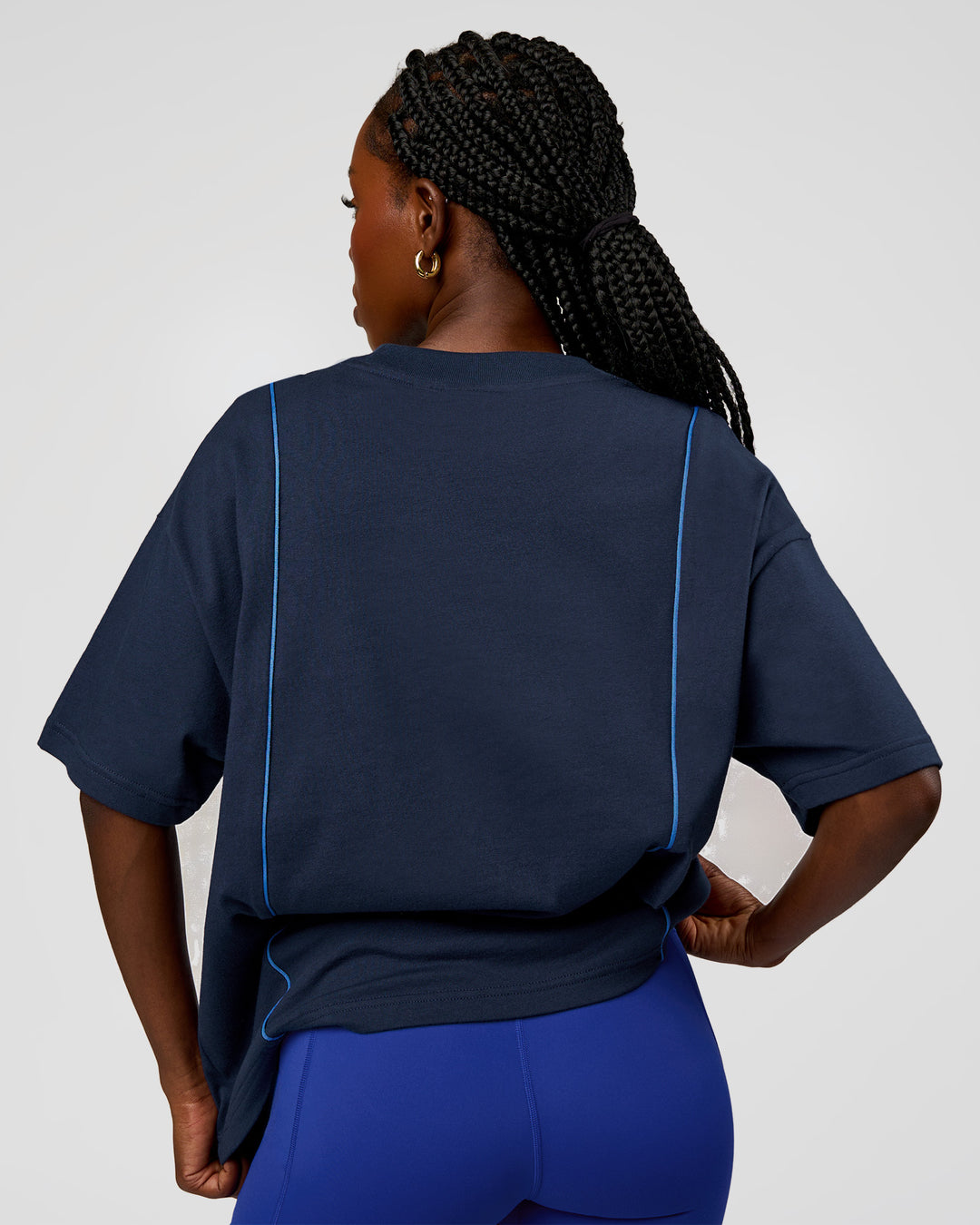 Woman wearing Axis Heavyweight Oversized Boxed Tee - Future Navy-Palace Blue | Model:Ellie | Size:XS
