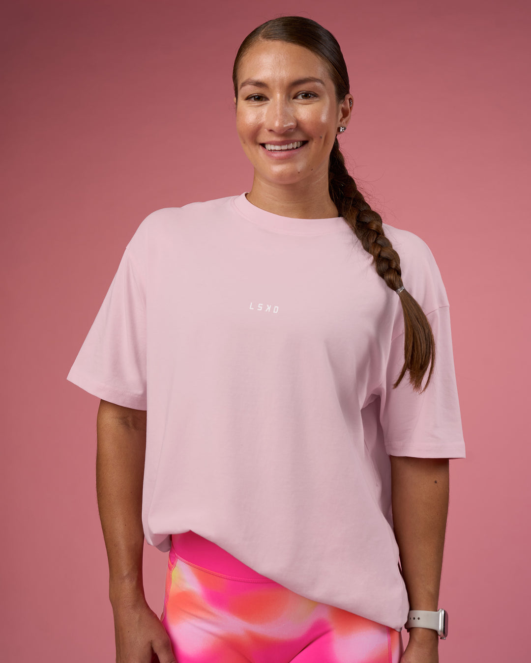 Woman wearing BCAM FLXCotton Oversized Tee - Marshmallow-White | Model:Hannah | Size:XS