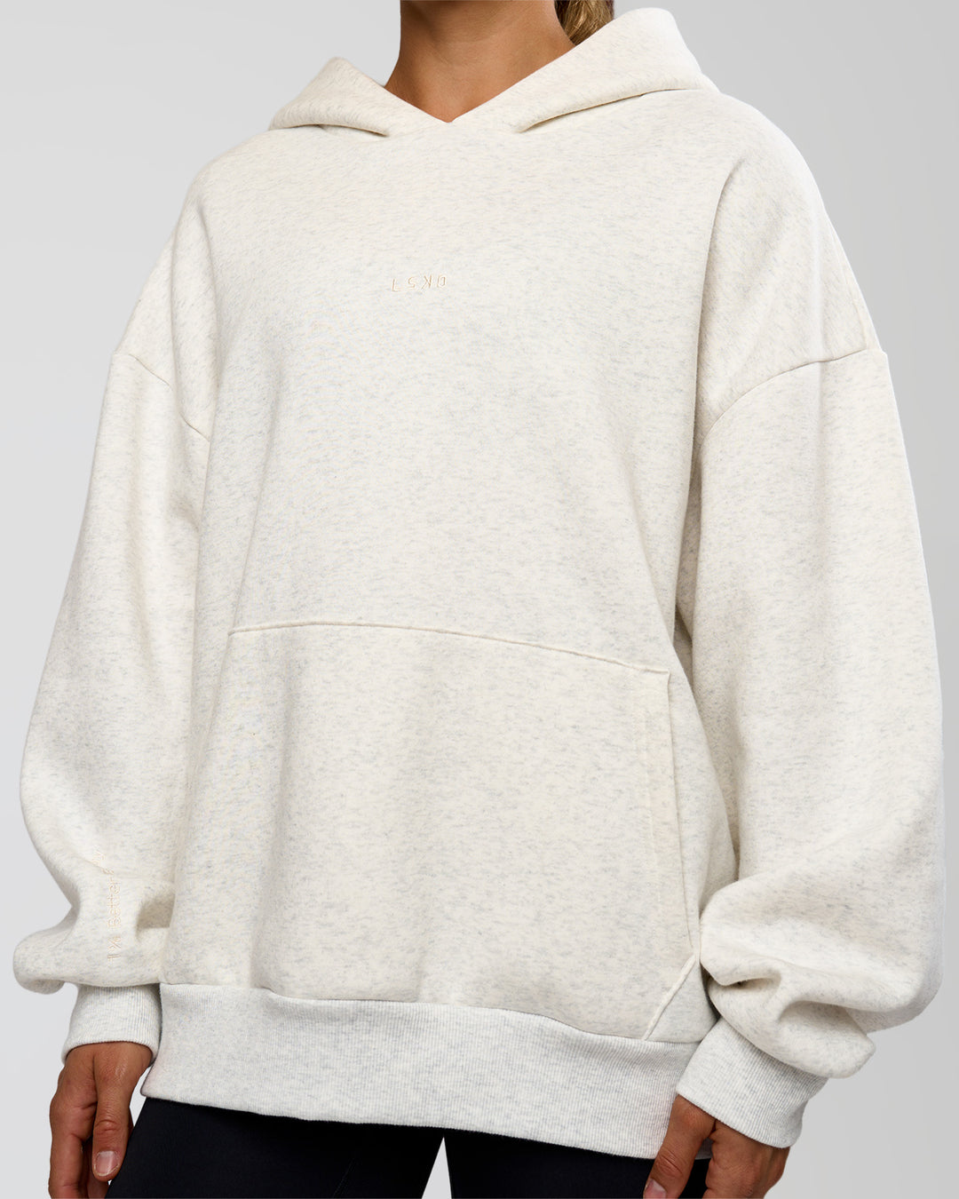 Woman wearing Base Oversized Hoodie - Silver Marl | Model:Maja | Size:XS