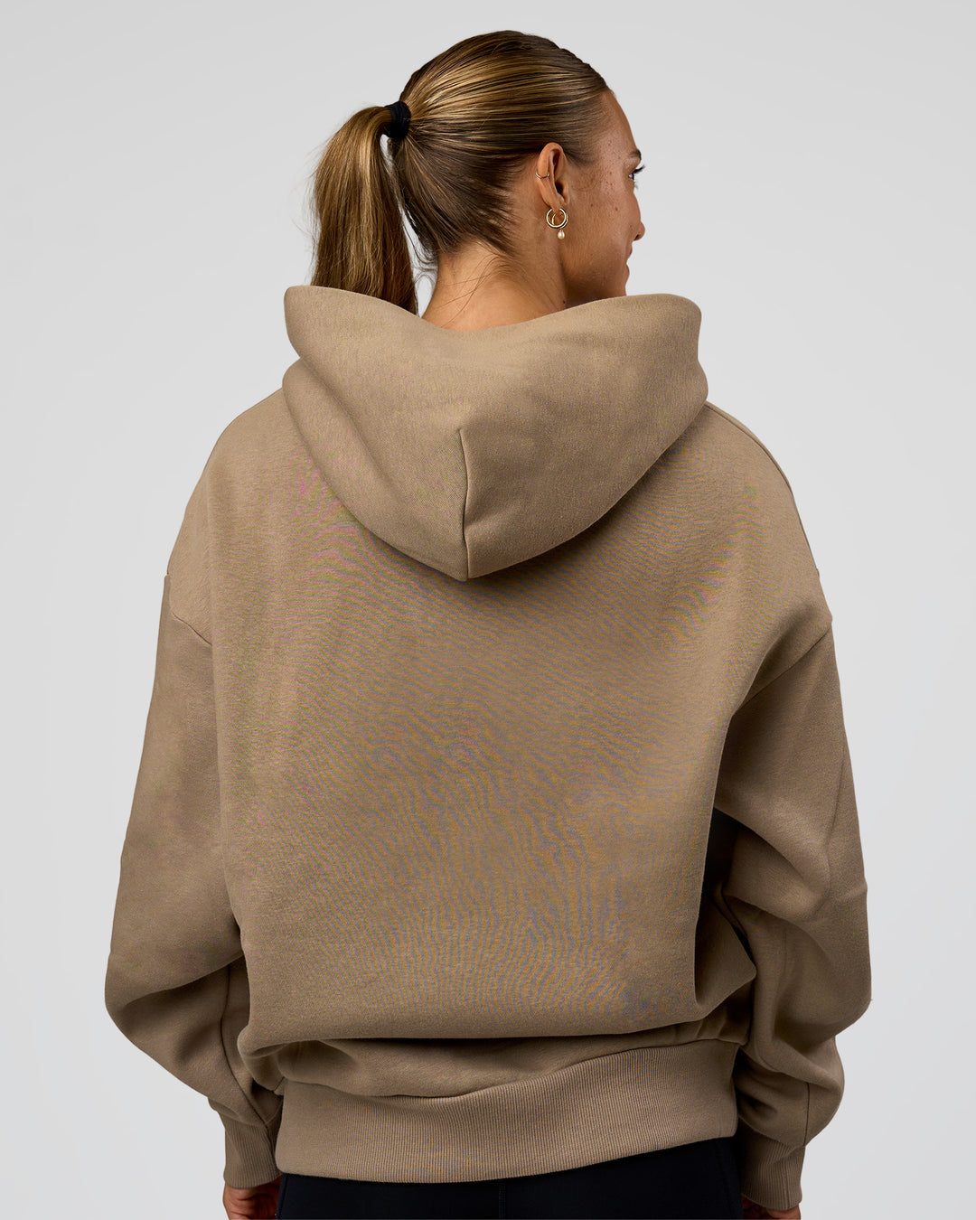 Woman wearing Base Oversized Hoodie - Taupe Ash | Model:Maja | Size:XS