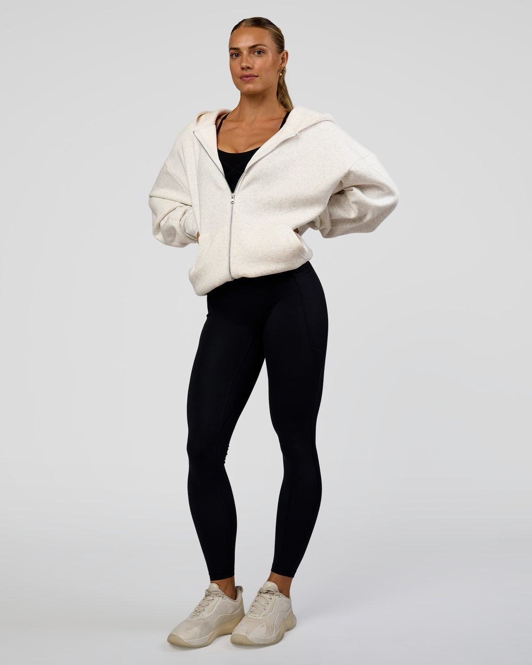 Woman wearing Base Zip Through Oversized Hoodie - Silver Marl | Model:Maja | Size:XS