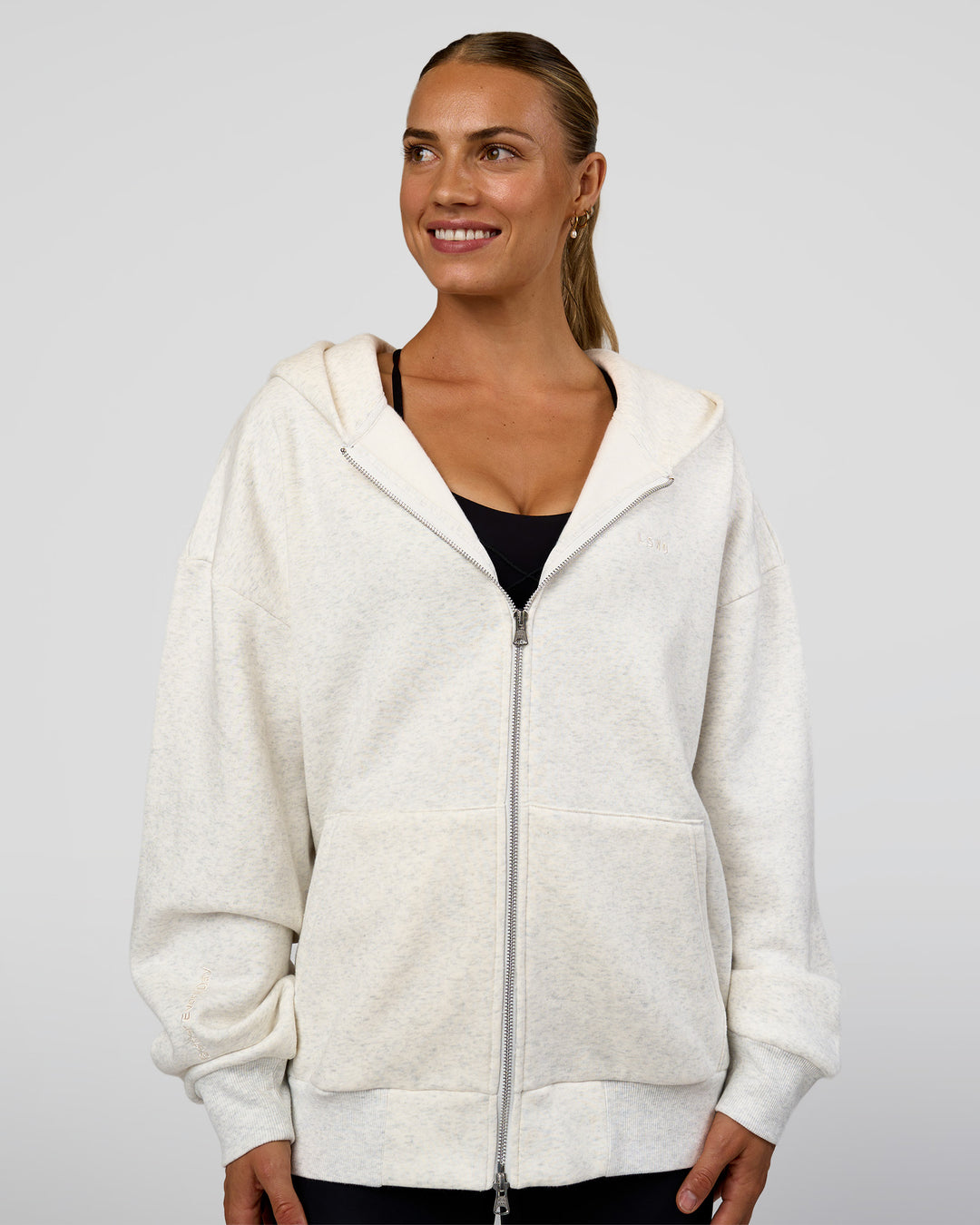 Woman wearing Base Zip Through Oversized Hoodie - Silver Marl | Model:Maja | Size:XS