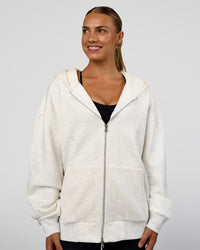Woman wearing Base Zip Through Oversized Hoodie - Silver Marl | Model:Maja | Size:XS