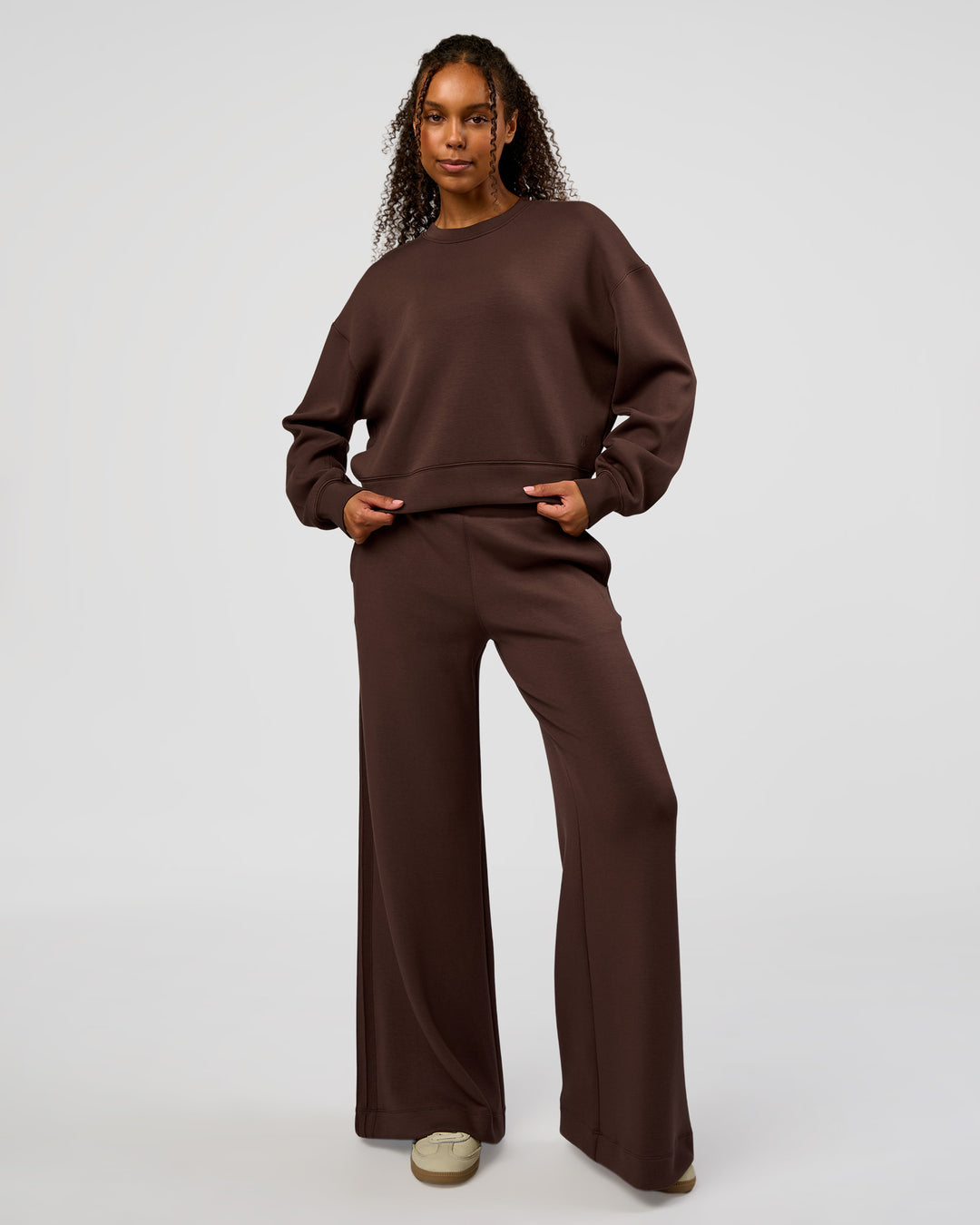 Woman wearing CF Elevate SoftTouch Pintuck Sweater - Hot Chocolate | Model:Jordan | Size:XS