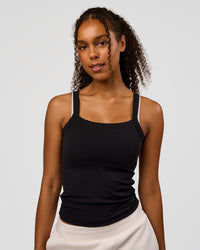 Woman wearing CF Move Through It Rib Tank - Black | Model:Jordan | Size:XS