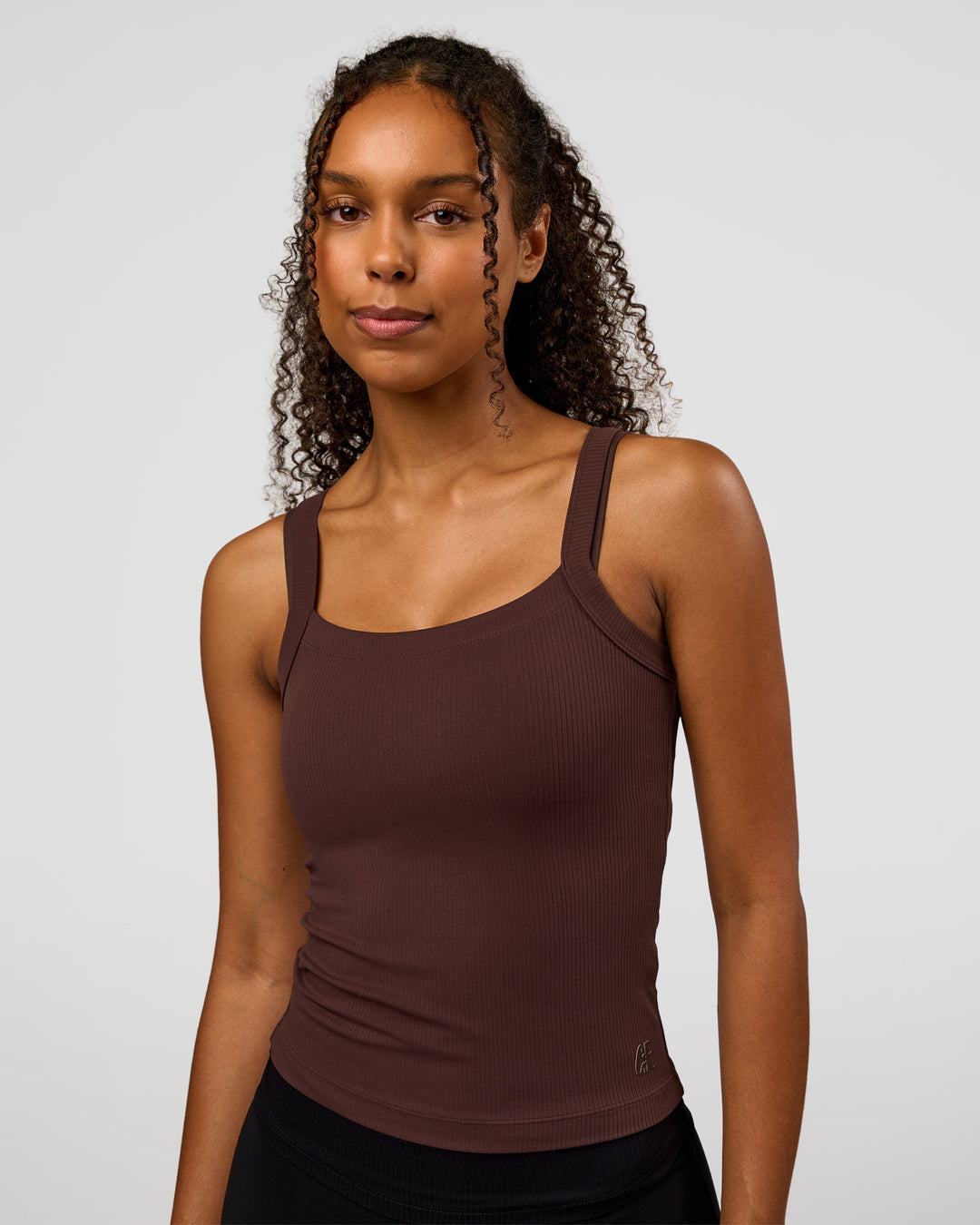 Woman wearing CF Move Through It Rib Tank - Hot Chocolate | Model:Jordan | Size:XS