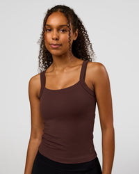 Woman wearing CF Move Through It Rib Tank - Hot Chocolate | Model:Jordan | Size:XS