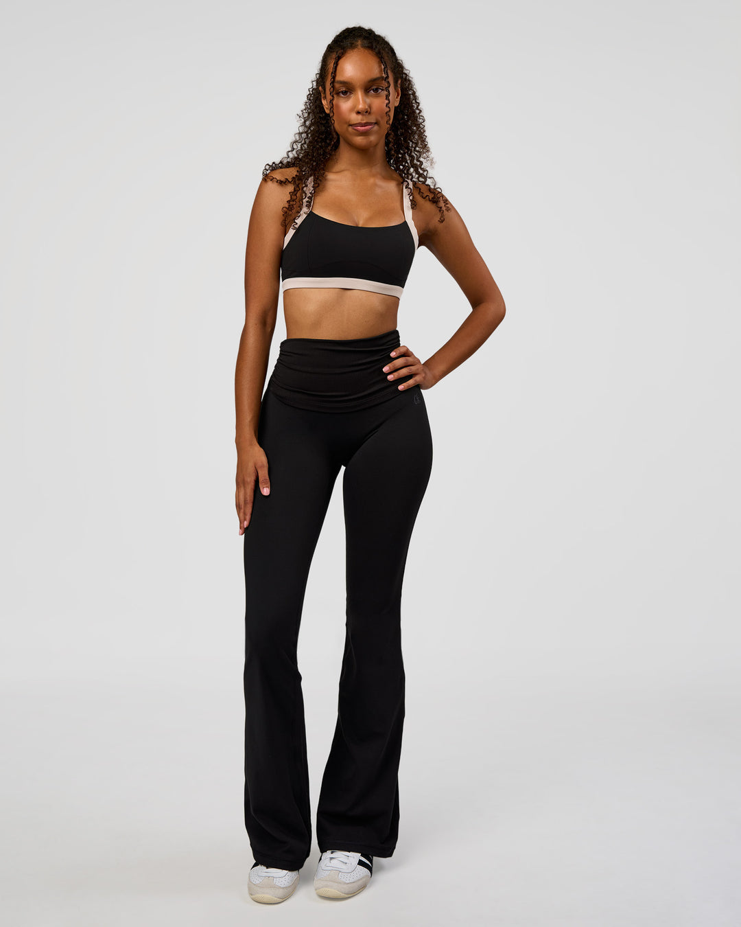 Woman wearing CF Move Through It Sports Bra - Black-Clay | Model:Jordan | Size:XS