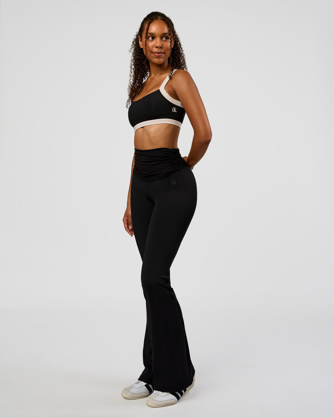 Woman wearing CF Move Through It Sports Bra - Black-Clay | Model:Jordan | Size:XS