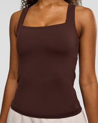 Woman wearing CF Train Hard Shelf Bra Tank - Hot Chocolate | Model:Jordan | Size:XS