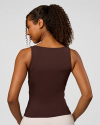 Woman wearing CF Train Hard Shelf Bra Tank - Hot Chocolate | Model:Jordan | Size:XS