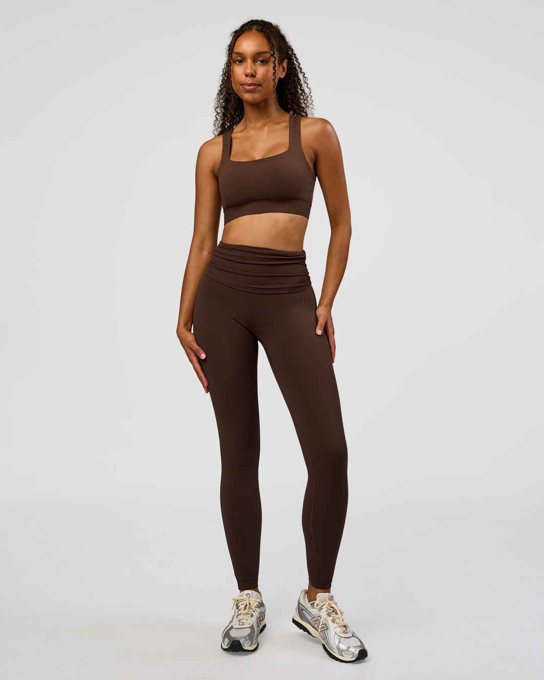 Woman wearing CF Train Hard Sports Bra - Hot Chocolate | Model:Jordan | Size:XS