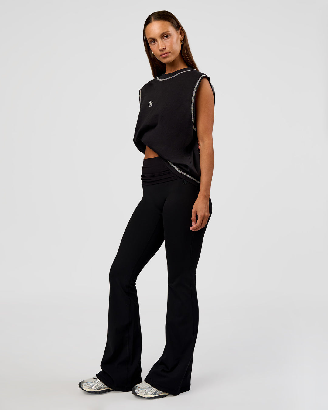 Woman wearing CF Unisex Oversized Heavyweight Boxed Tank - Black-CF X LSKD Sport | Model:Brylee | Size:XS - view 7