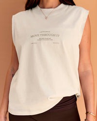 Woman wearing CF Unisex Oversized Heavyweight Boxed Tank - Clay-CF Move Through It | Model:Chloe | Size:XS