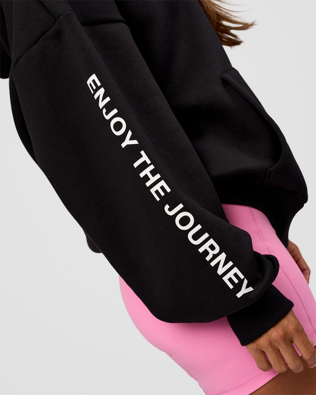 Woman wearing CFT BNE 26 Unisex Oversized Hoodie - Black-Candy Pink | Model:Brylee | Size:XS - view 14