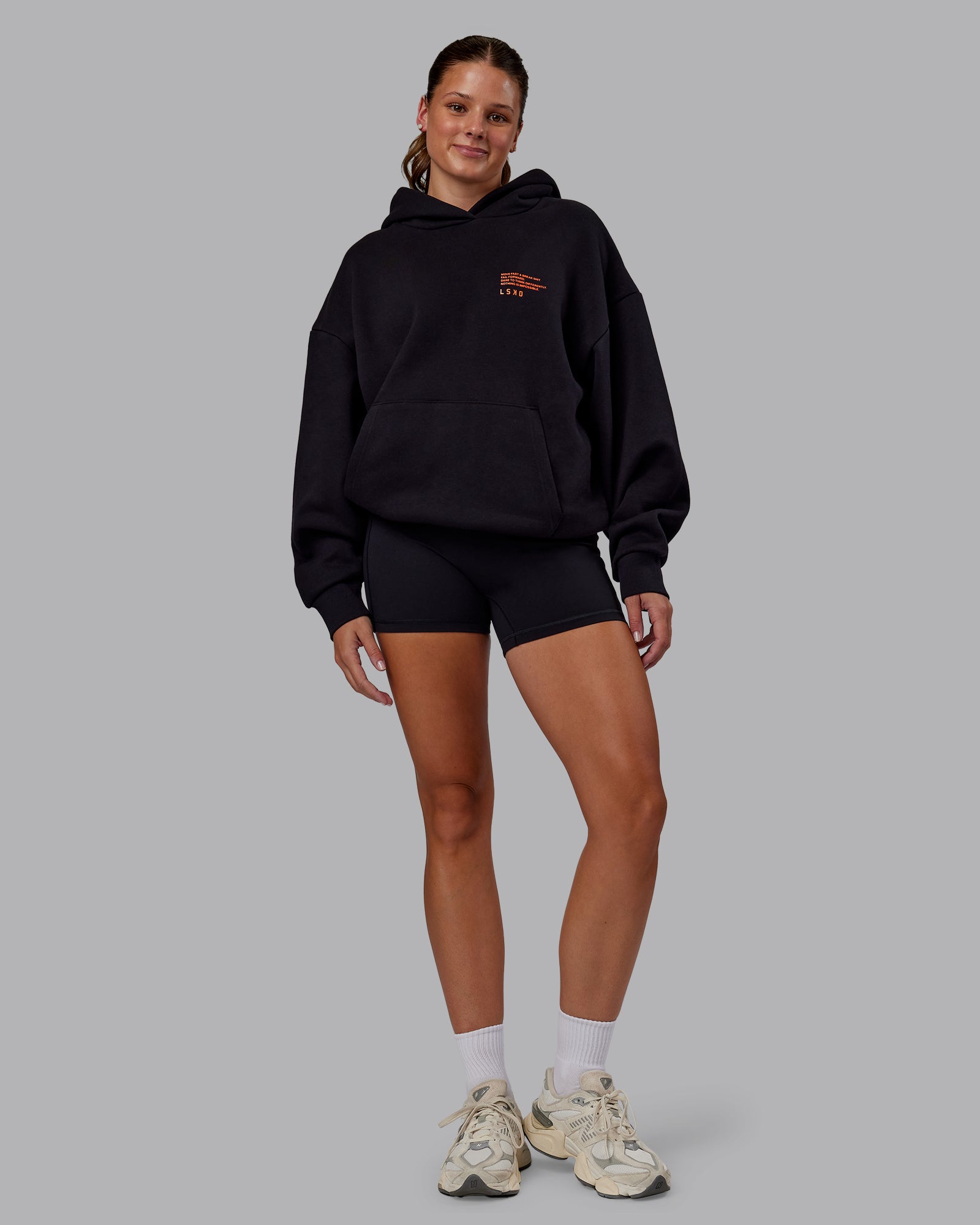 高感度ショップで2023年売れたブランド Coffee Run Unisex Oversize Hoodie - Black-Ultra Orange | LSKD トップス