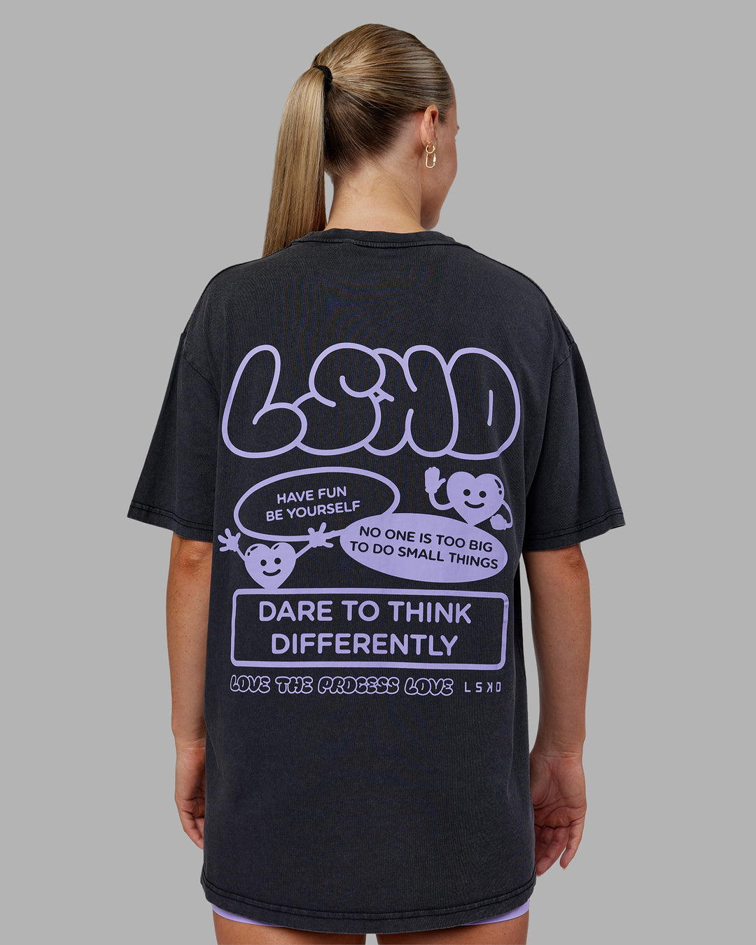 Woman wearing Dare To Think FLXCotton Tee Oversize - Black Washed-Violet Ray | Model:Neve | Size:XS