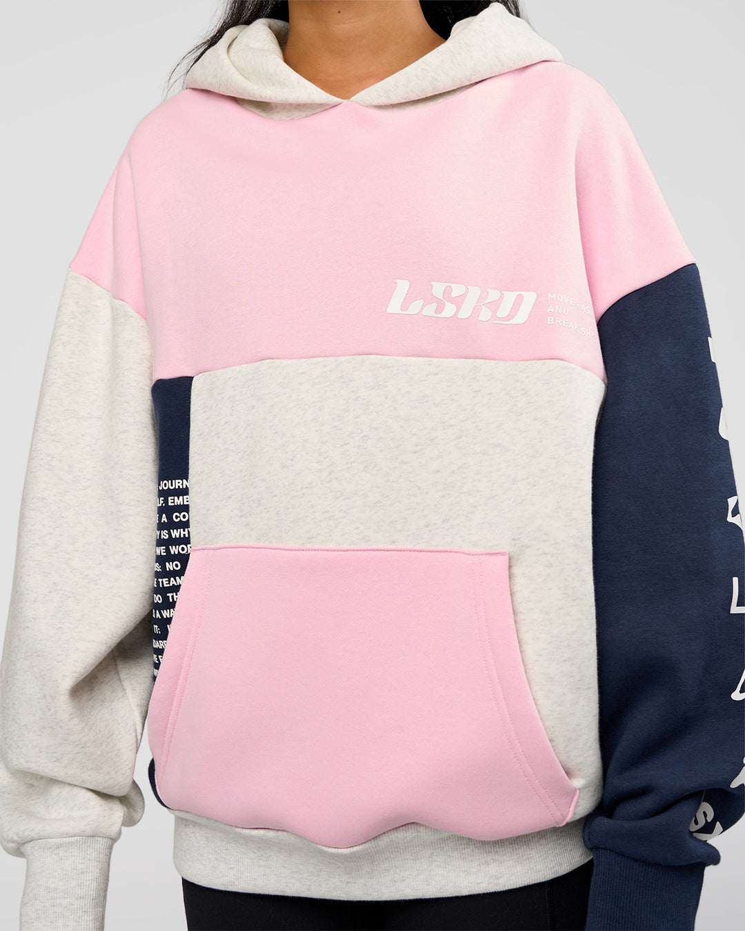 Woman wearing Deconstructed Fleece Hoodie - Grey Marl-Marshmallow-Navy | Model:Loren | Size:XS - view 12