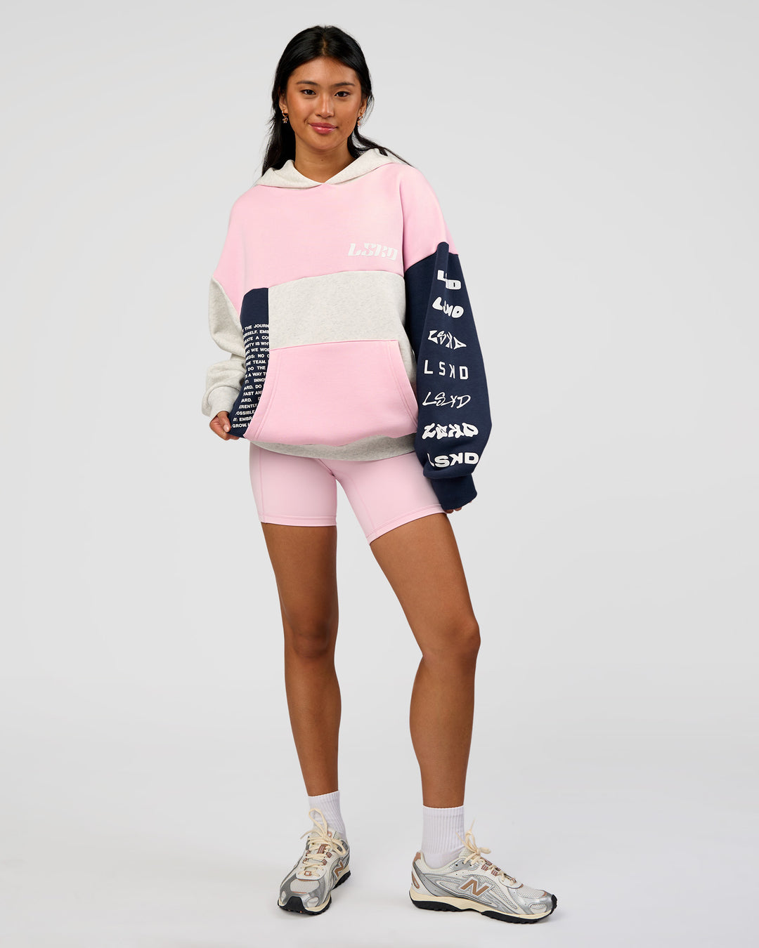 Woman wearing Deconstructed Fleece Hoodie - Grey Marl-Marshmallow-Navy | Model:Loren | Size:XS - view 8