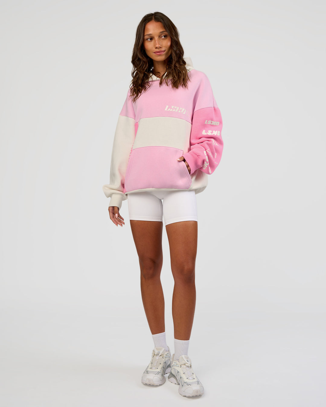 Woman wearing Deconstructed Fleece Hoodie - Off White-Marshmallow-Pink | Model:Dakota | Size:XS
