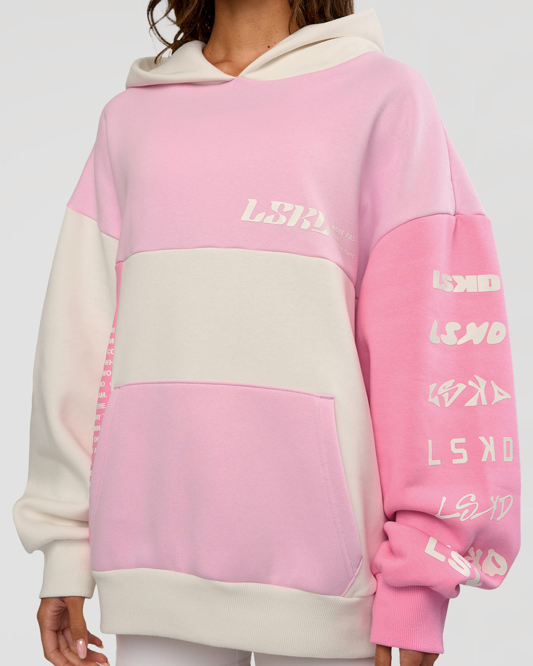 Woman wearing Deconstructed Fleece Hoodie - Off White-Marshmallow-Pink | Model:Dakota | Size:XS