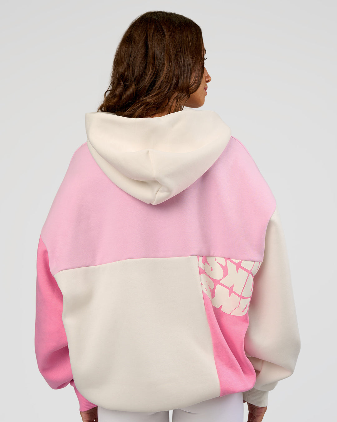 Woman wearing Deconstructed Fleece Hoodie - Off White-Marshmallow-Pink | Model:Dakota | Size:XS