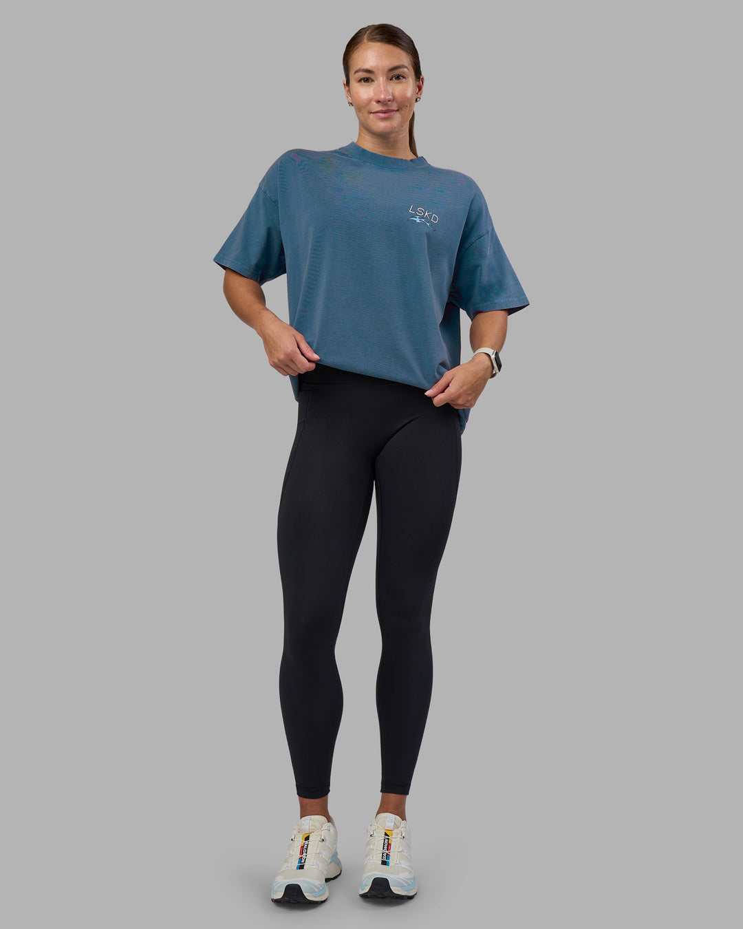 Woman wearing Digital World Heavyweight Oversized Tee - Night Sea-Open Air | Model:Hannah | Size:XS