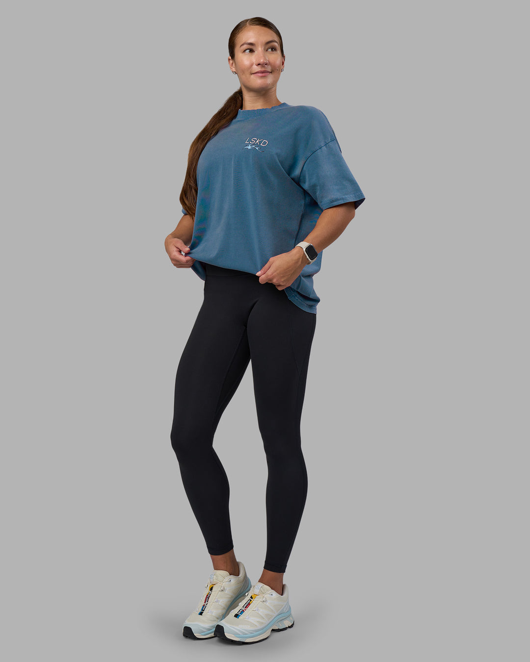 Woman wearing Digital World Heavyweight Oversized Tee - Night Sea-Open Air | Model:Hannah | Size:XS