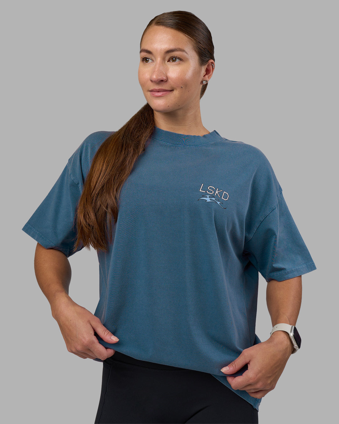 Woman wearing Digital World Heavyweight Oversized Tee - Night Sea-Open Air | Model:Hannah | Size:XS