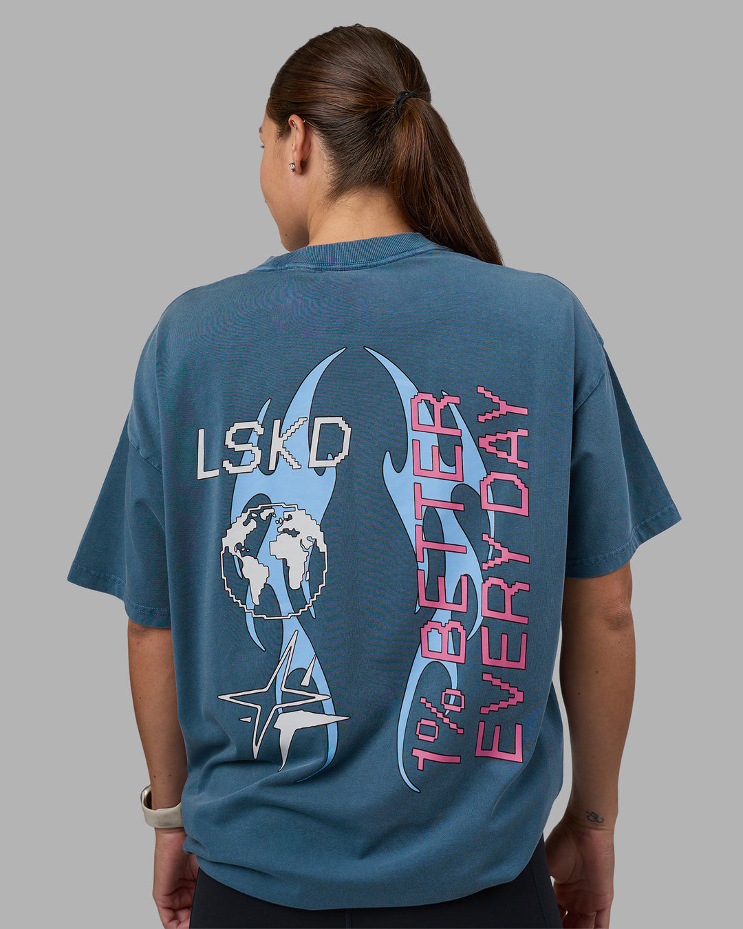 Woman wearing Digital World Heavyweight Oversized Tee - Night Sea-Open Air | Model:Hannah | Size:XS